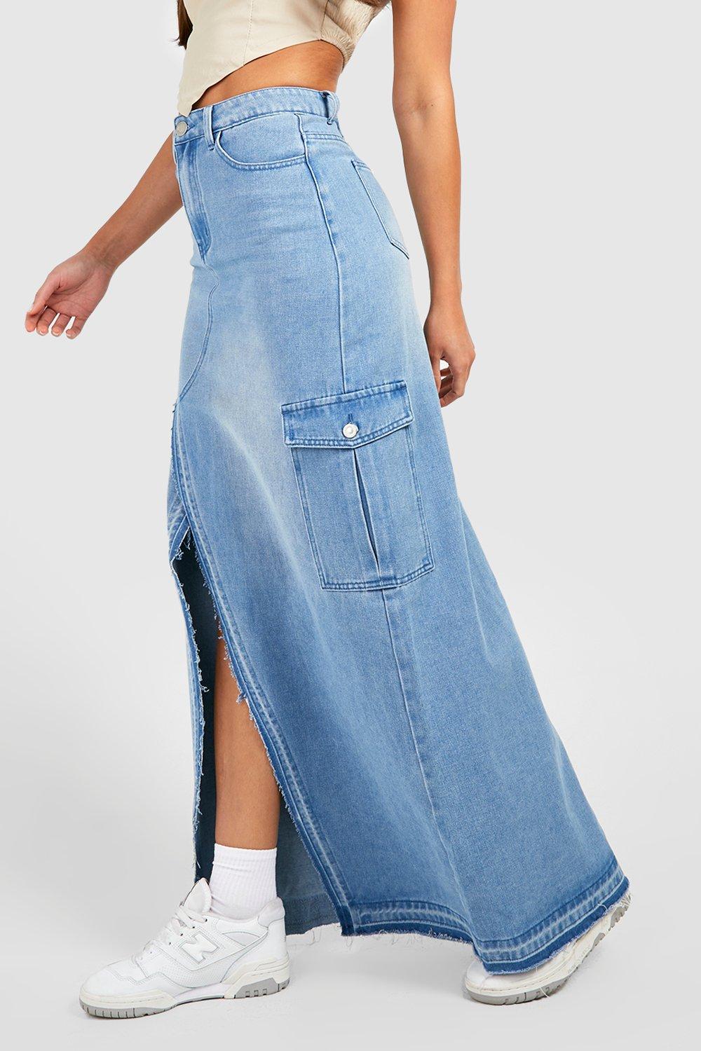 Tall Cargo Split Front Frayed Denim Maxi Skirt